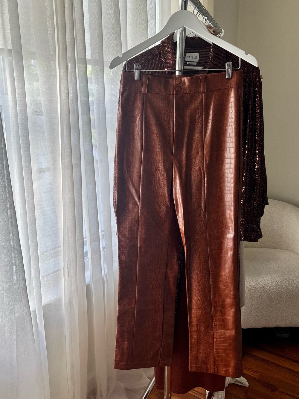 Bardot Tan-Croc-Embossed Faux Leather Waistband Pants